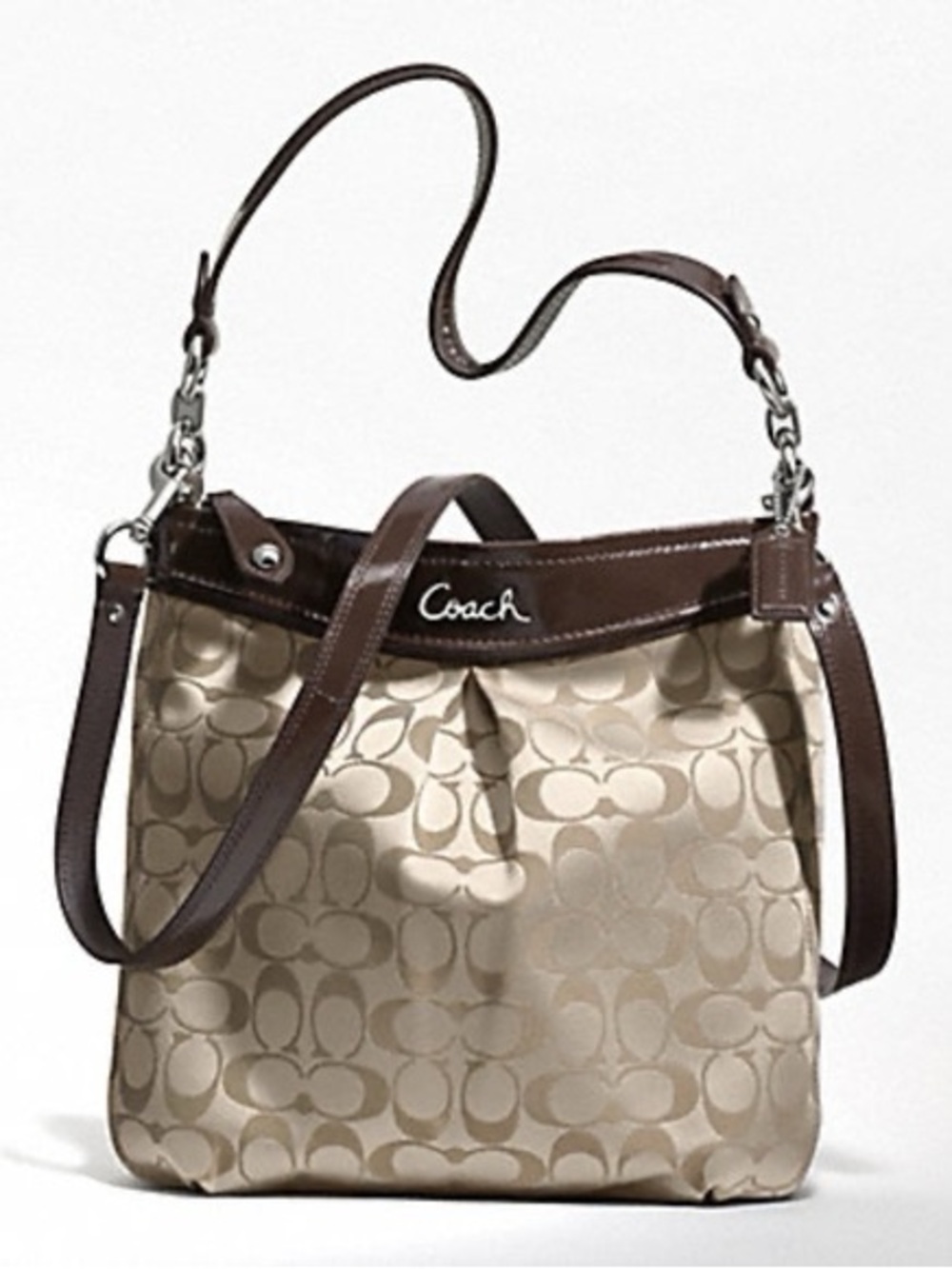 Coach Beige Signature Canvas Crossbody with Brown Leather Trim